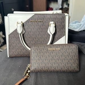 two-toned michael kors handbag and matching wallet